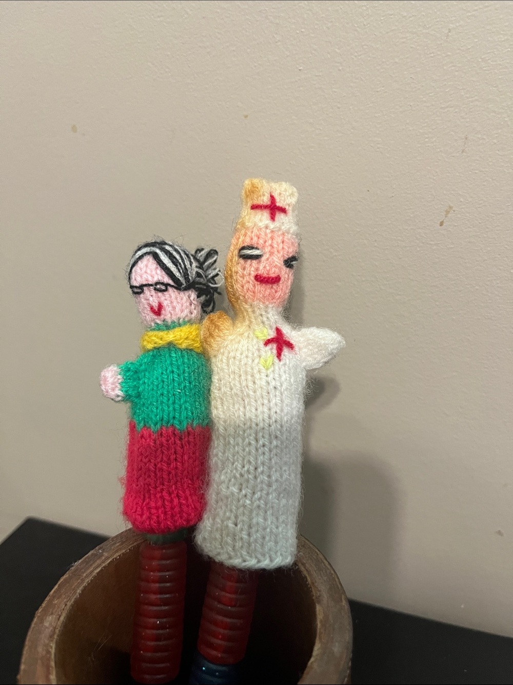 Hand-Knit Kids Finger Puppet Duo - Green & Cream Plush Characters